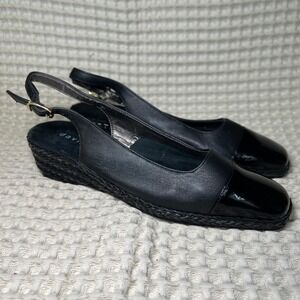 David Tate Black Patent Leather Slingback Wedge‎ Espadrille Shoes Womens size 7